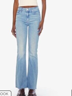 MOTHER The Weekender Fray Light Blue Flare Jeans - High Waist Wide Leg Low Rise